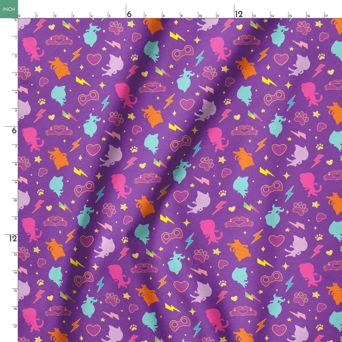 Disney Jr's. SuperKitties Pawsome Characters on Purple Fabric