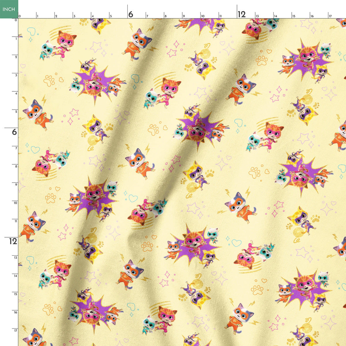 Disney Jr's. SuperKitties Fierce Fighters on Yellow Fabric