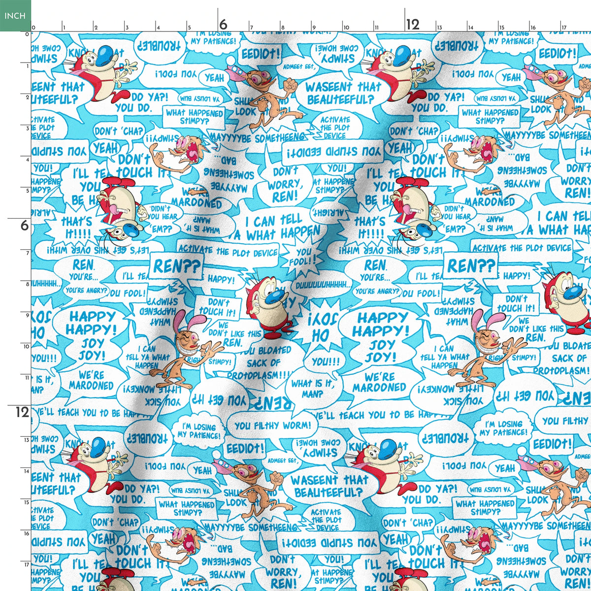Ren & Stimpy Word Blurbs on Blue Fabric
