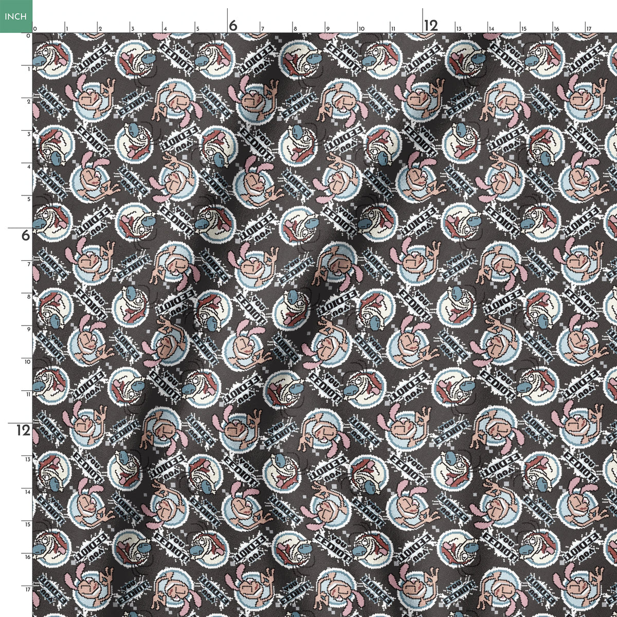 Ren & Stimpy EEDIOT! Pixels on Gray Fabric