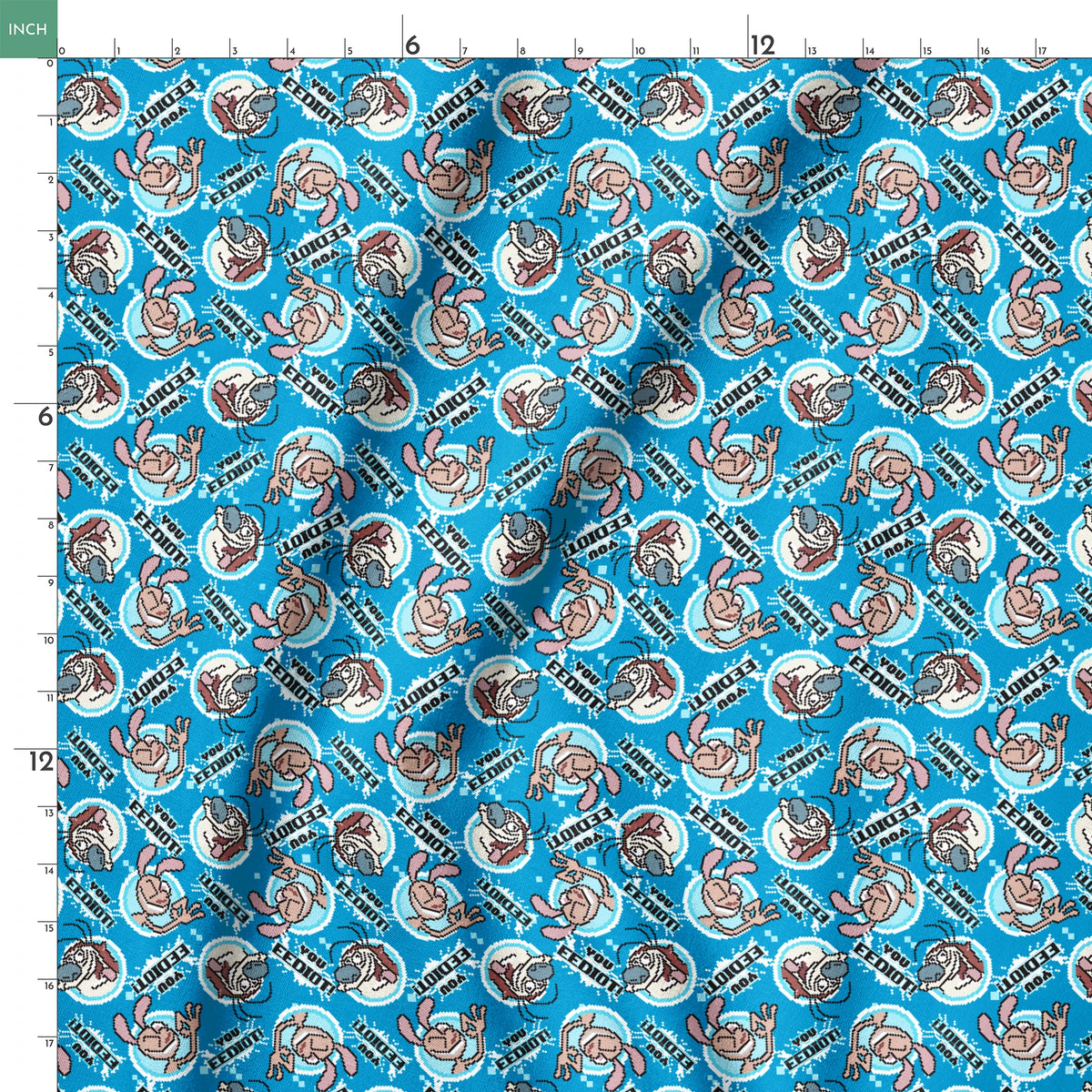 Ren & Stimpy EEDIOT! Pixels on Blue Fabric