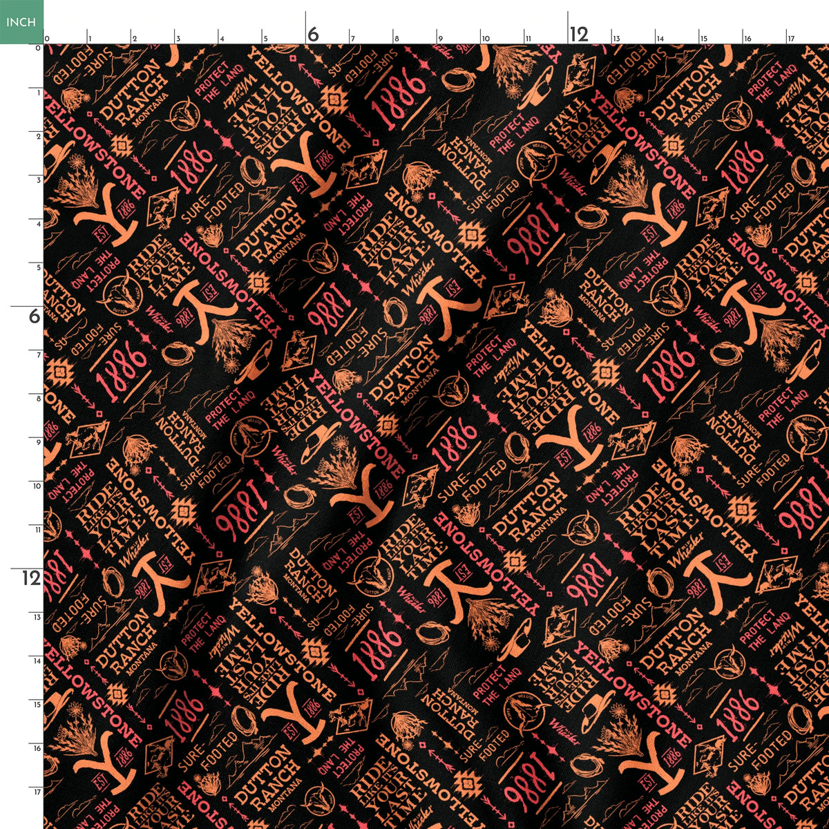 Paramount Yellowstone Verbiage Collage on Sunset Fabric