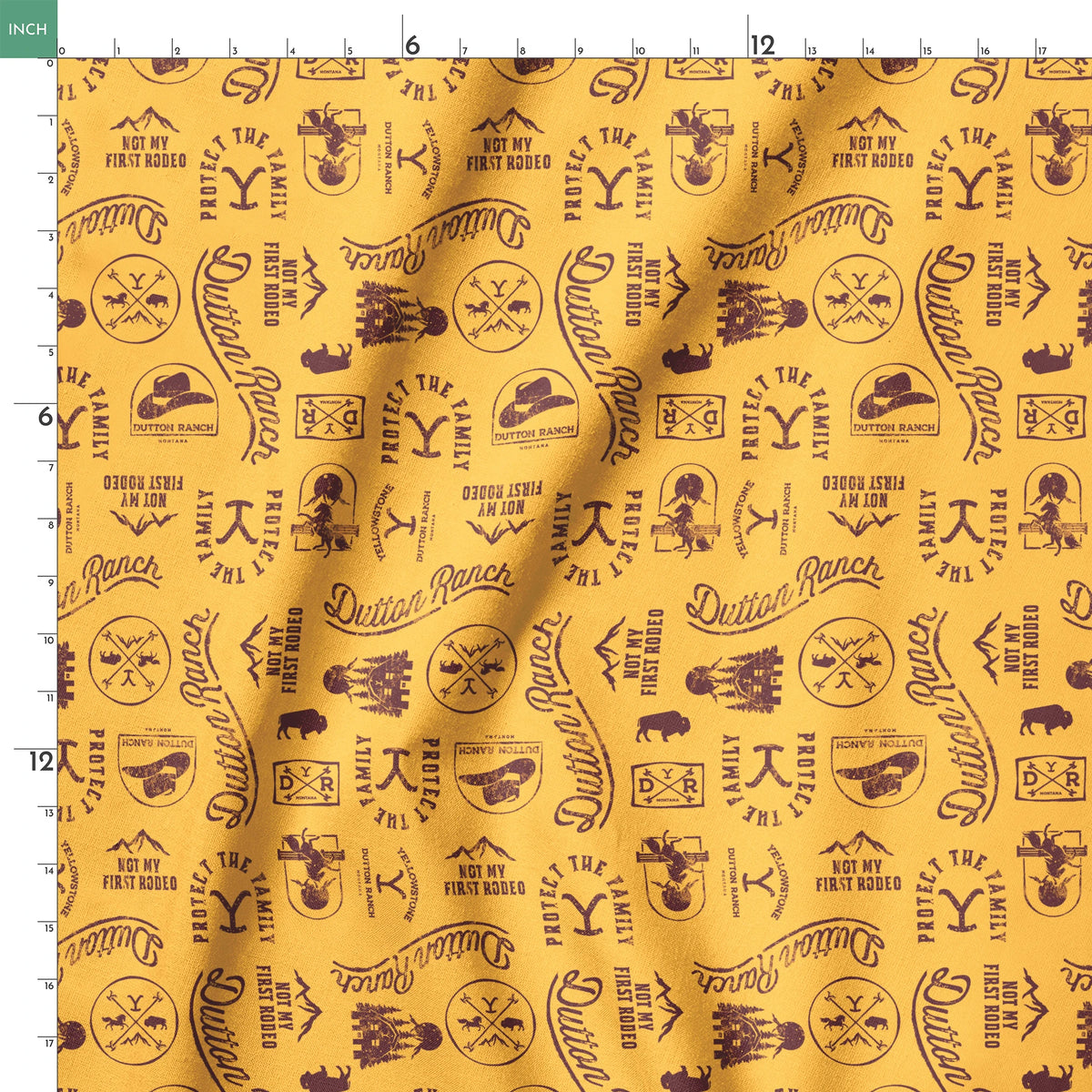 Paramount Yellowstone Dutton Ranch Icons on Yellow Fabric