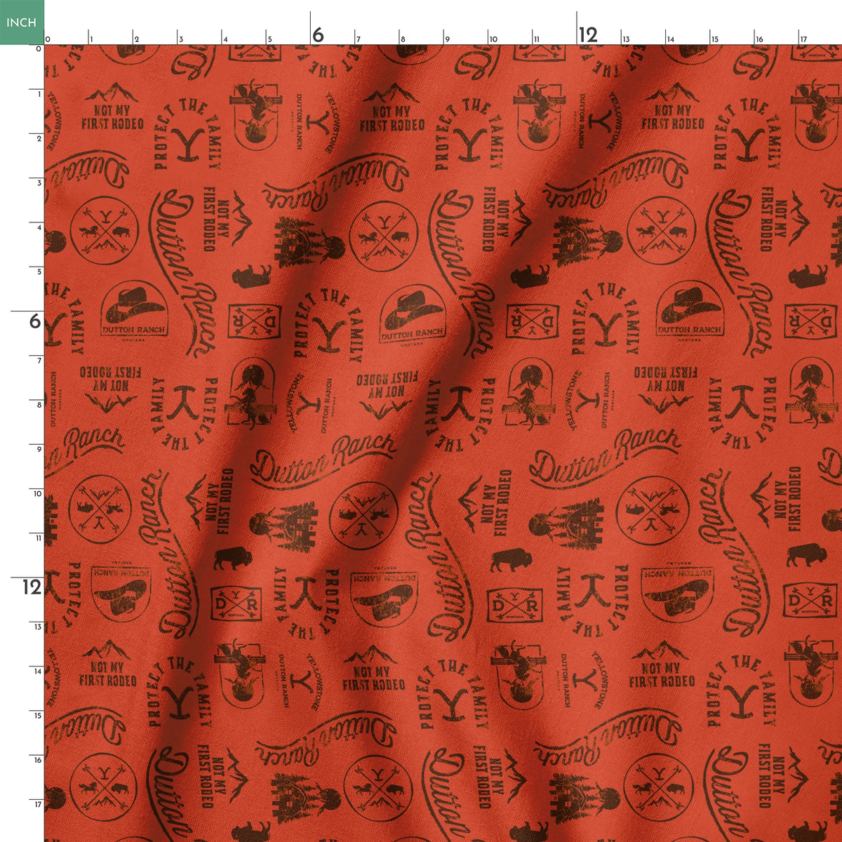 Paramount Yellowstone Dutton Ranch Icons on Rust Fabric