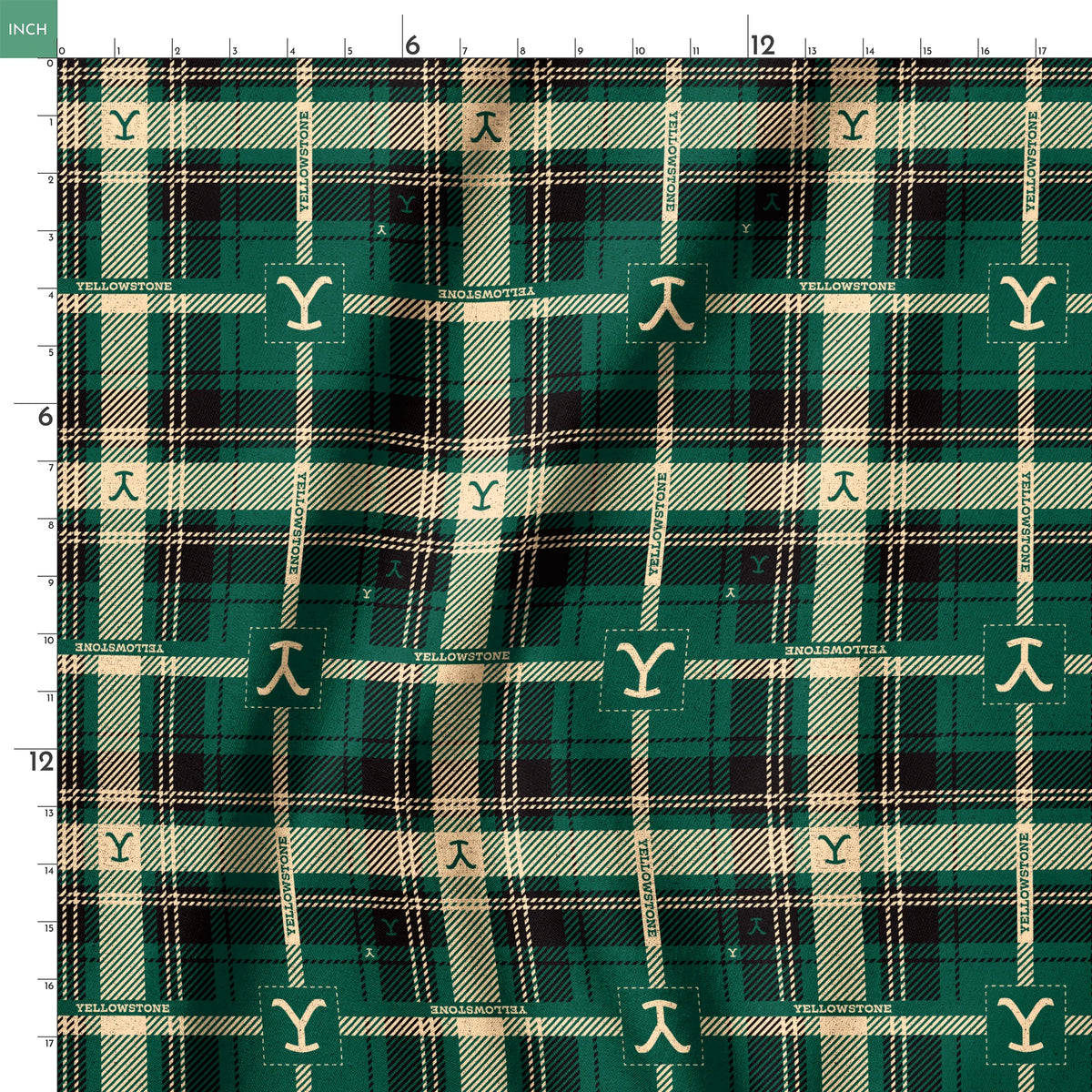 Paramount Yellowstone Rustic Plaid on Green Fabric