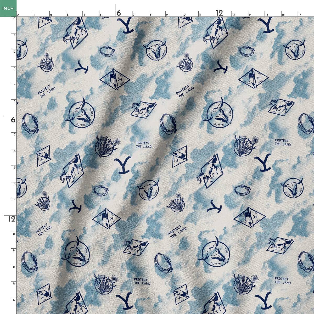 Paramount Yellowstone Icons in the Clouds on Blue Fabric