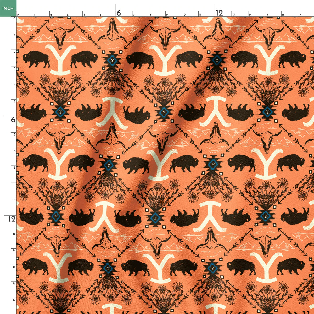 Paramount Yellowstone Bison Argyle on Orange Fabric