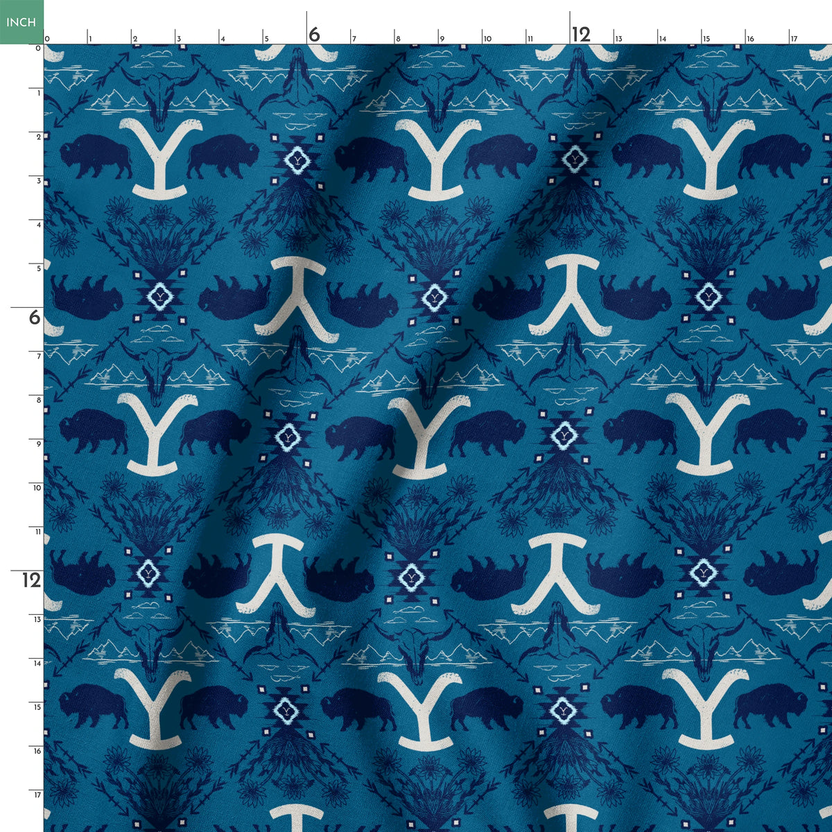 Paramount Yellowstone Bison Argyle on Blue Fabric