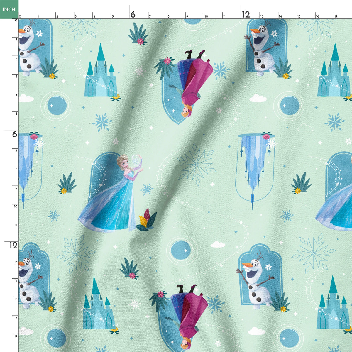 Disney Frozen Falling Snow on Green Fabric