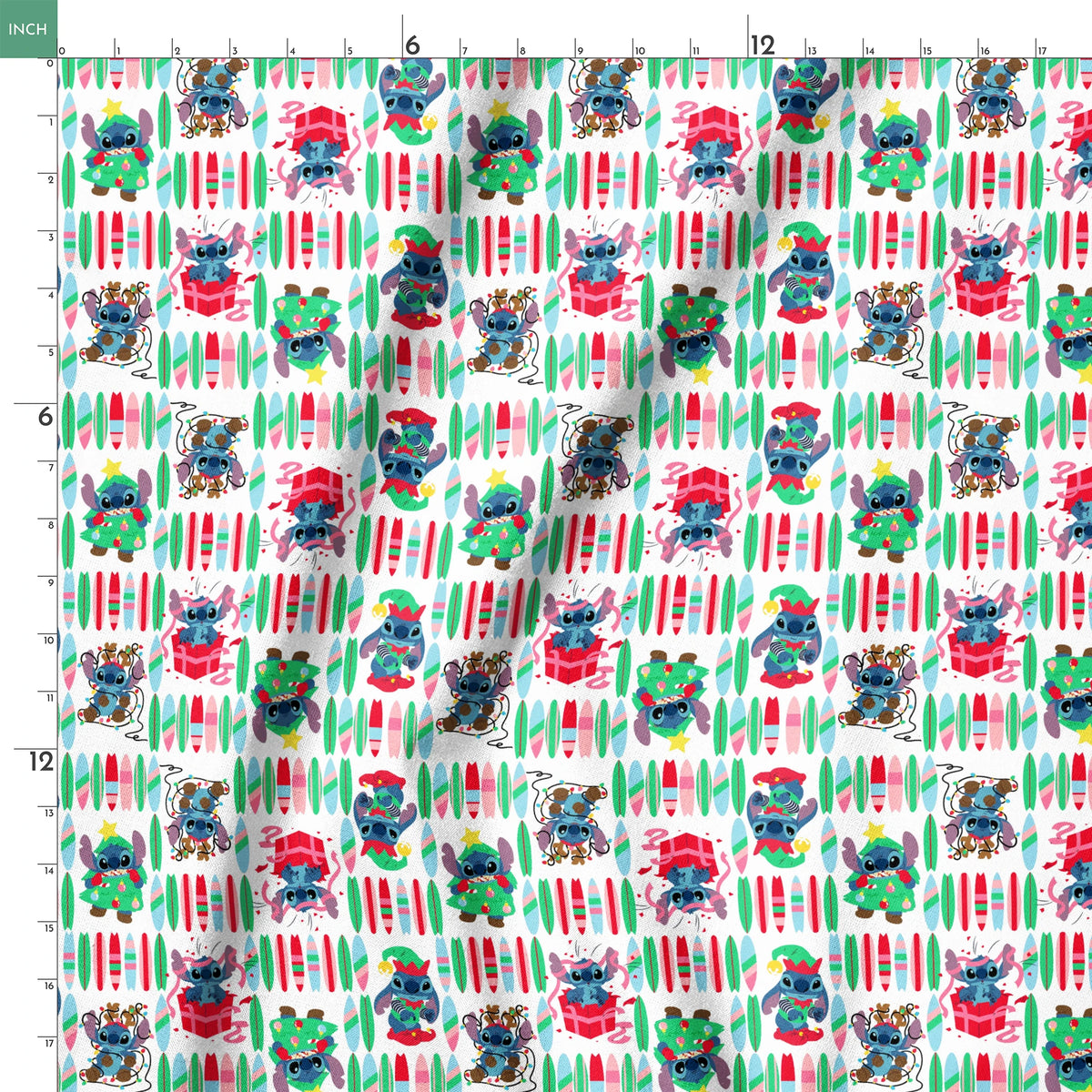Stitch character pattern with Christmas themes, surfboards, and presents on white background