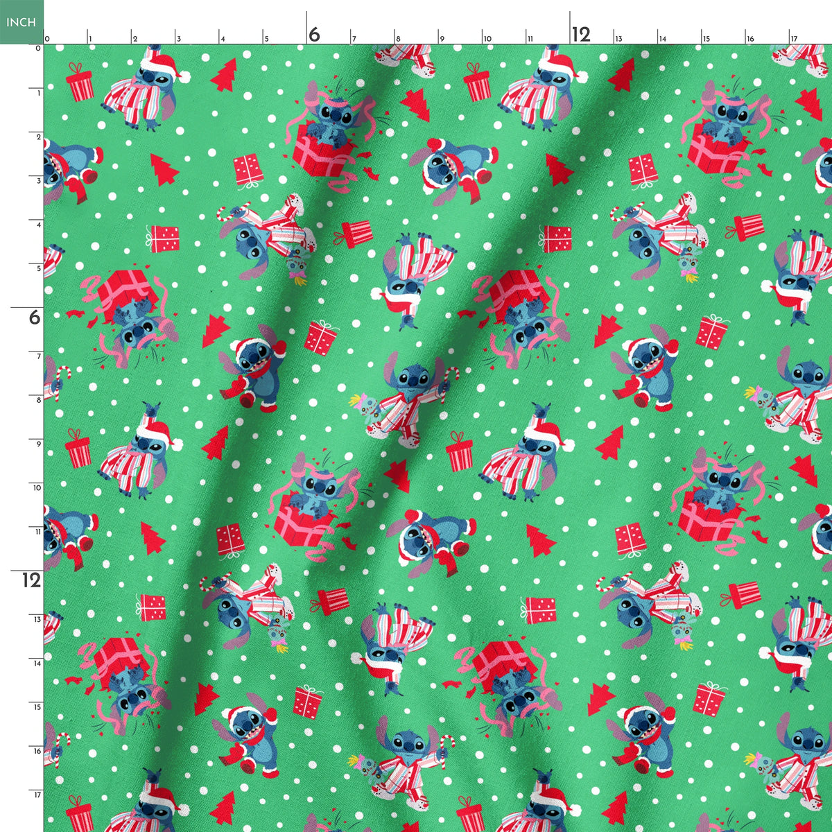 Christmas pattern with Stitch wearing Santa hats, surrounded by gifts and trees on green polka dot background.