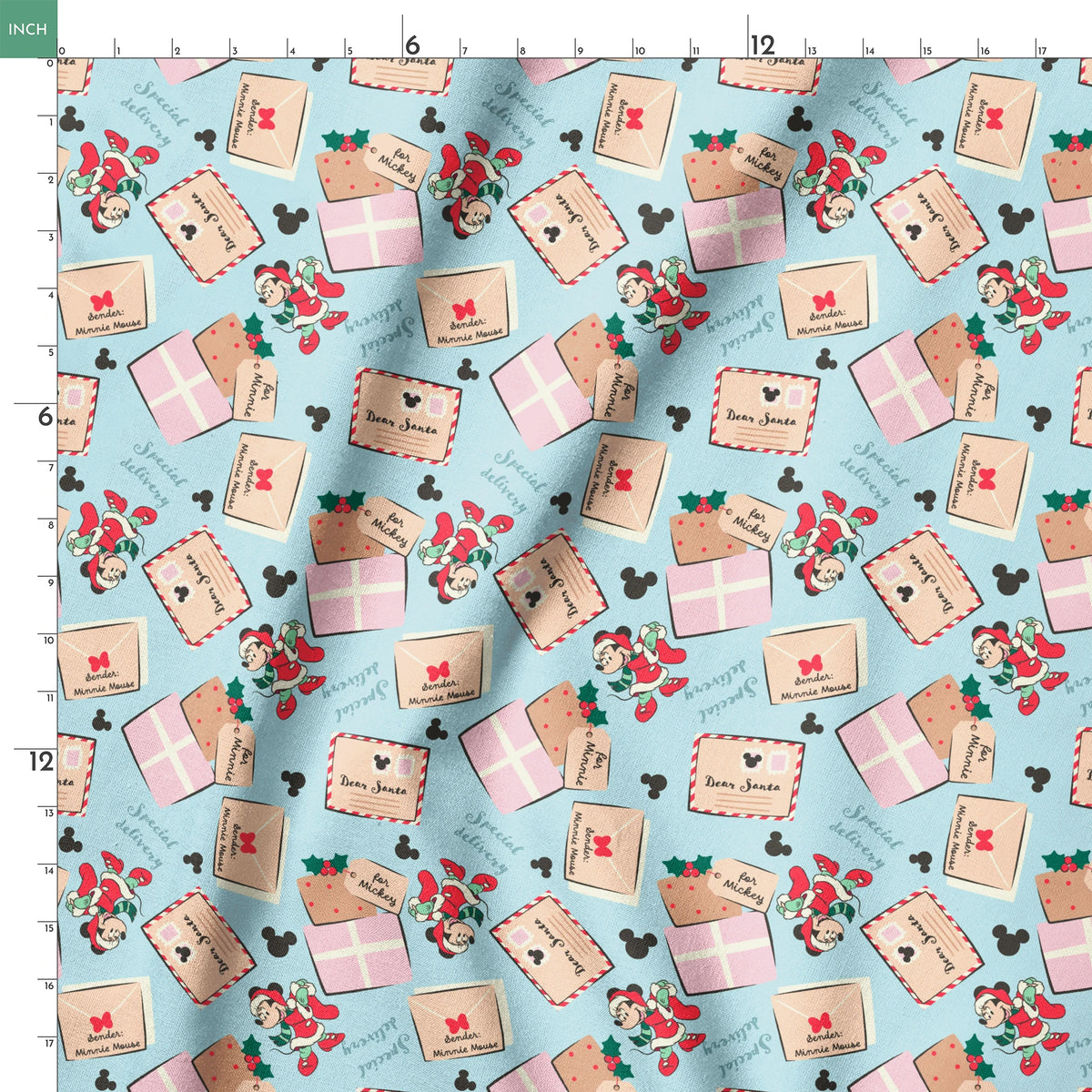 Disney Christmas pattern with Mickey Mouse icons, letters to Santa, and holiday decorations on light blue background.