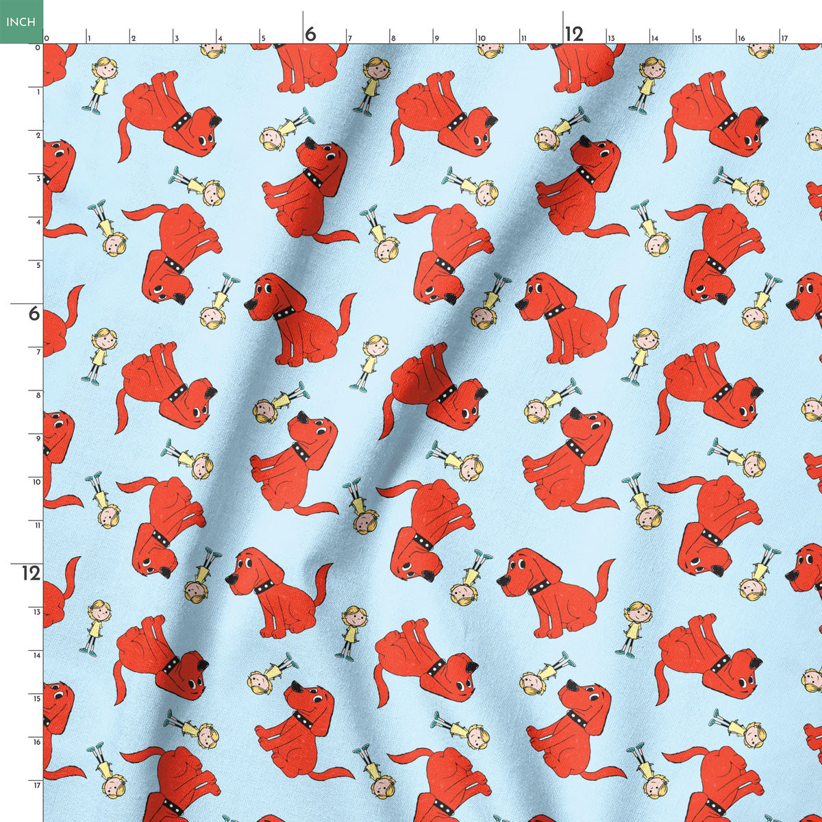 Clifford the Big Red Dog and Emily Elizabeth Toss on Blue Fabric