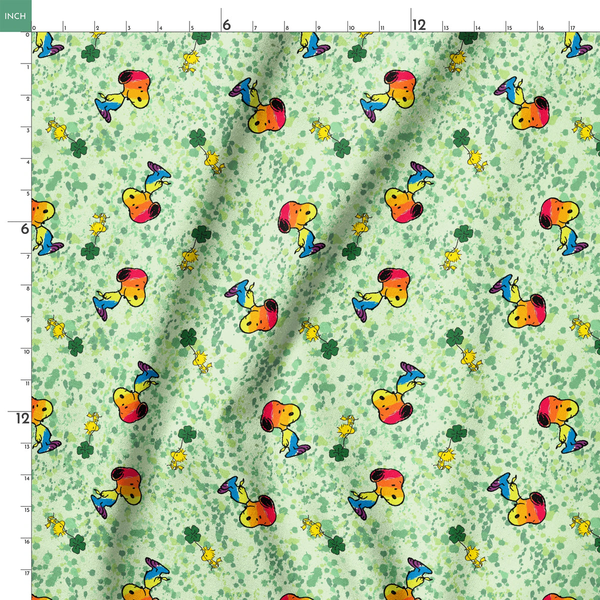 Peanuts Woodstock & Snoopy on Green Clover Fabric