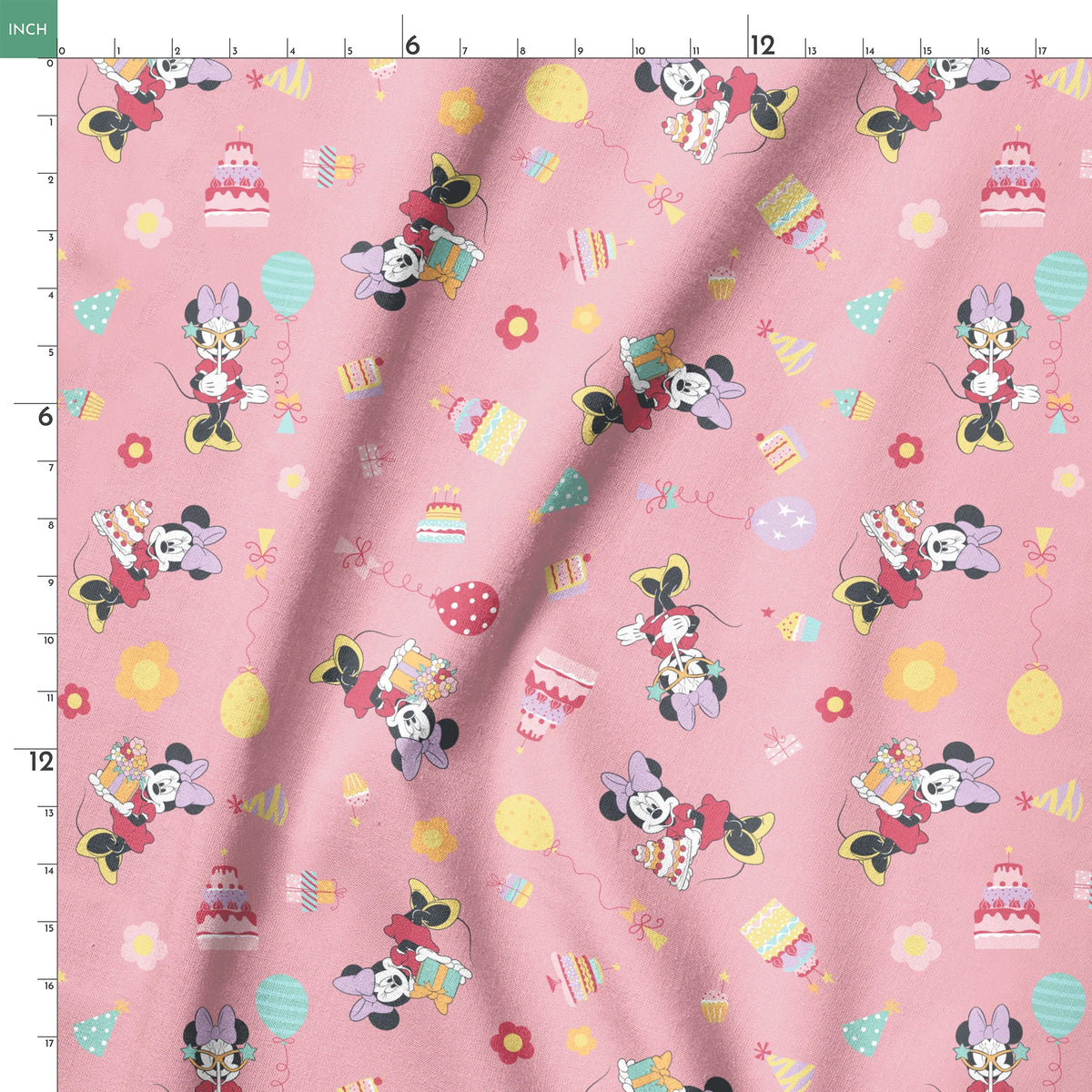 Minnie Mouse pattern on pink background with cakes, candy, and desserts scattered throughout.