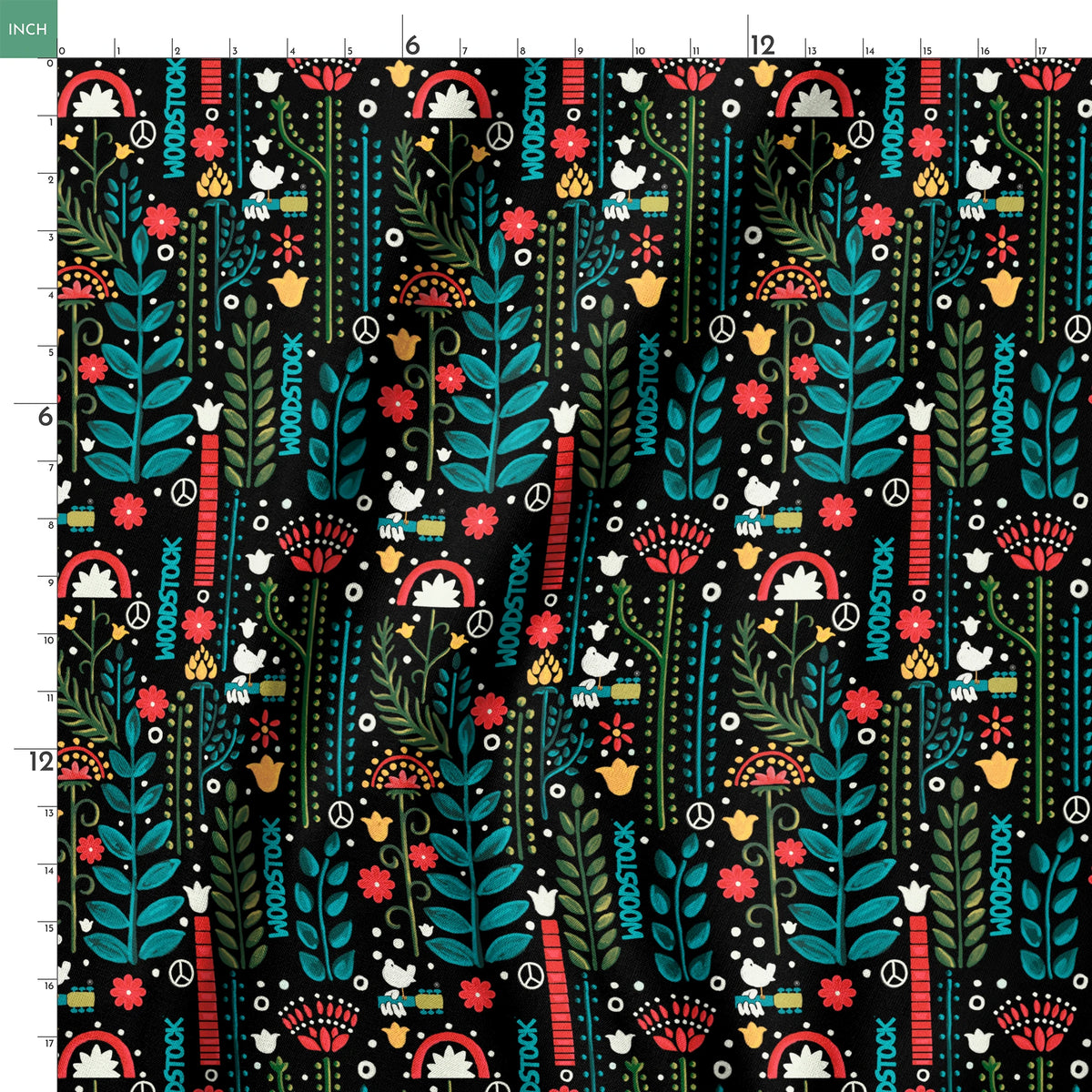 Woodstock Retro Greenery on Black Fabric