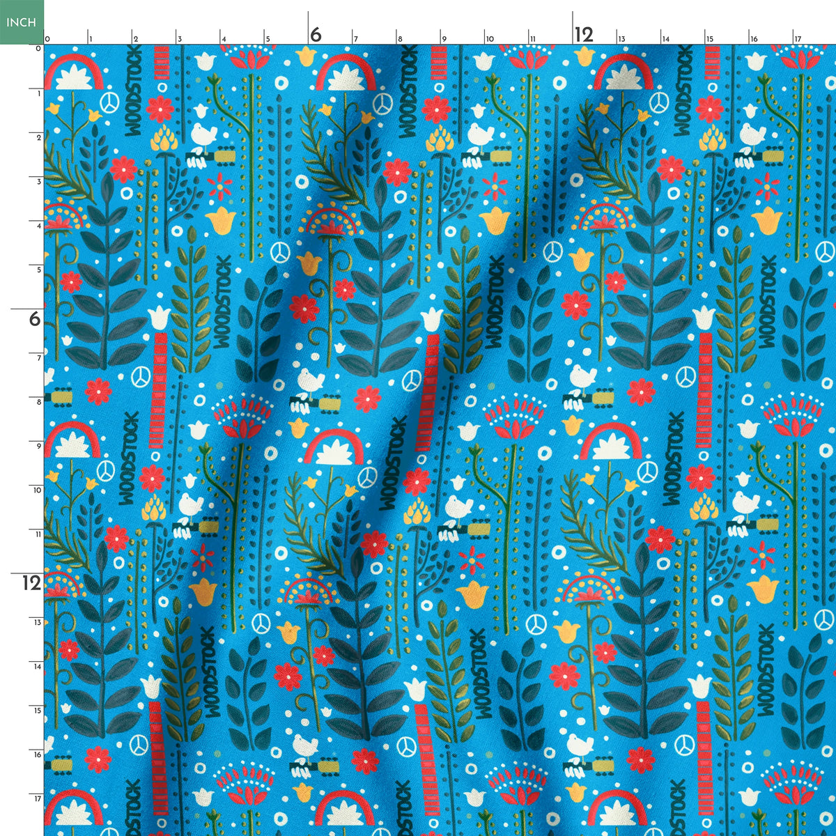 Woodstock Retro Greenery on Blue Fabric