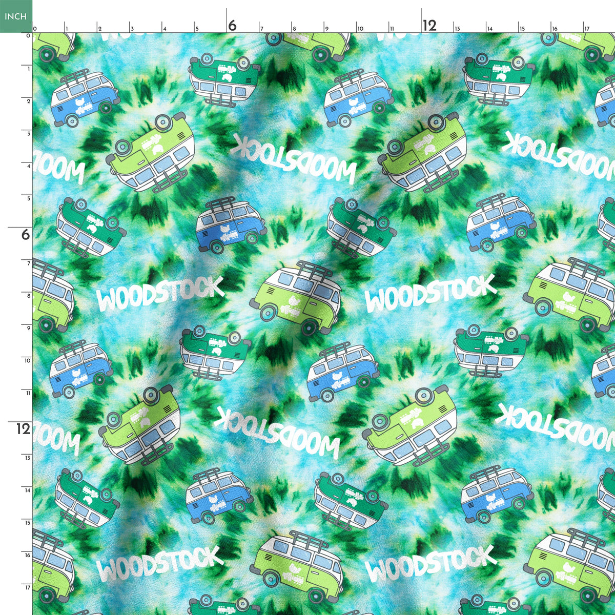 Woodstock Tie-dye Van on Green Fabric