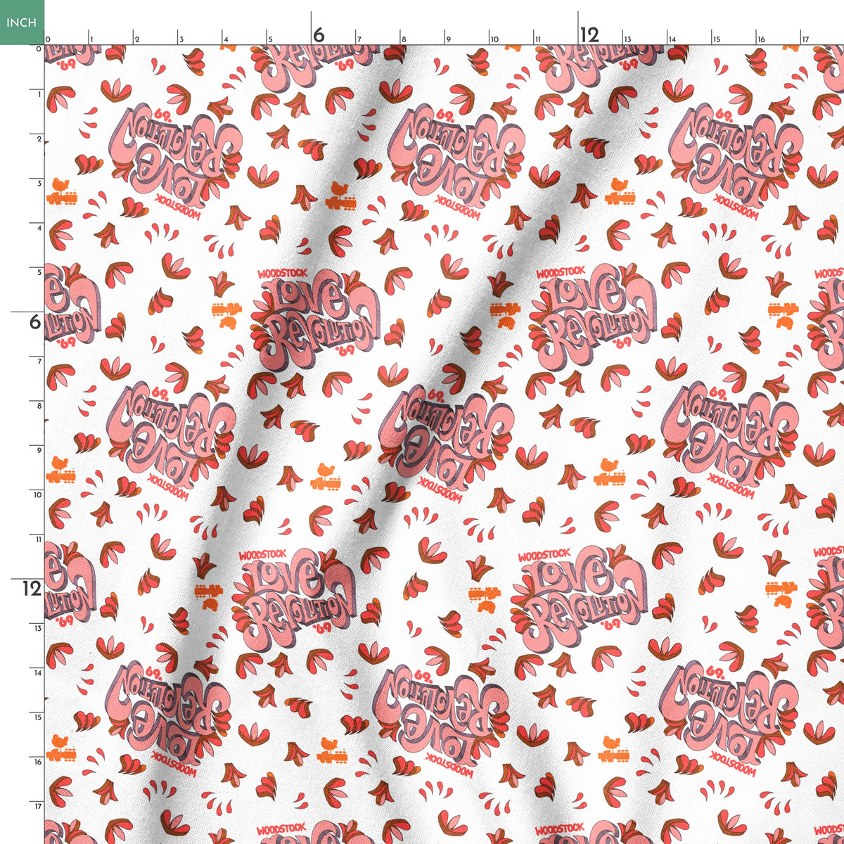 Woodstock Love Revolution on White Fabric