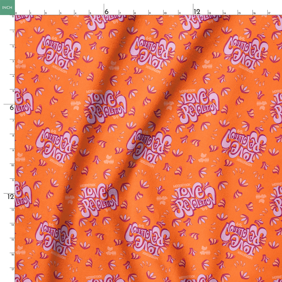Woodstock Love Revolution on Orange Fabric