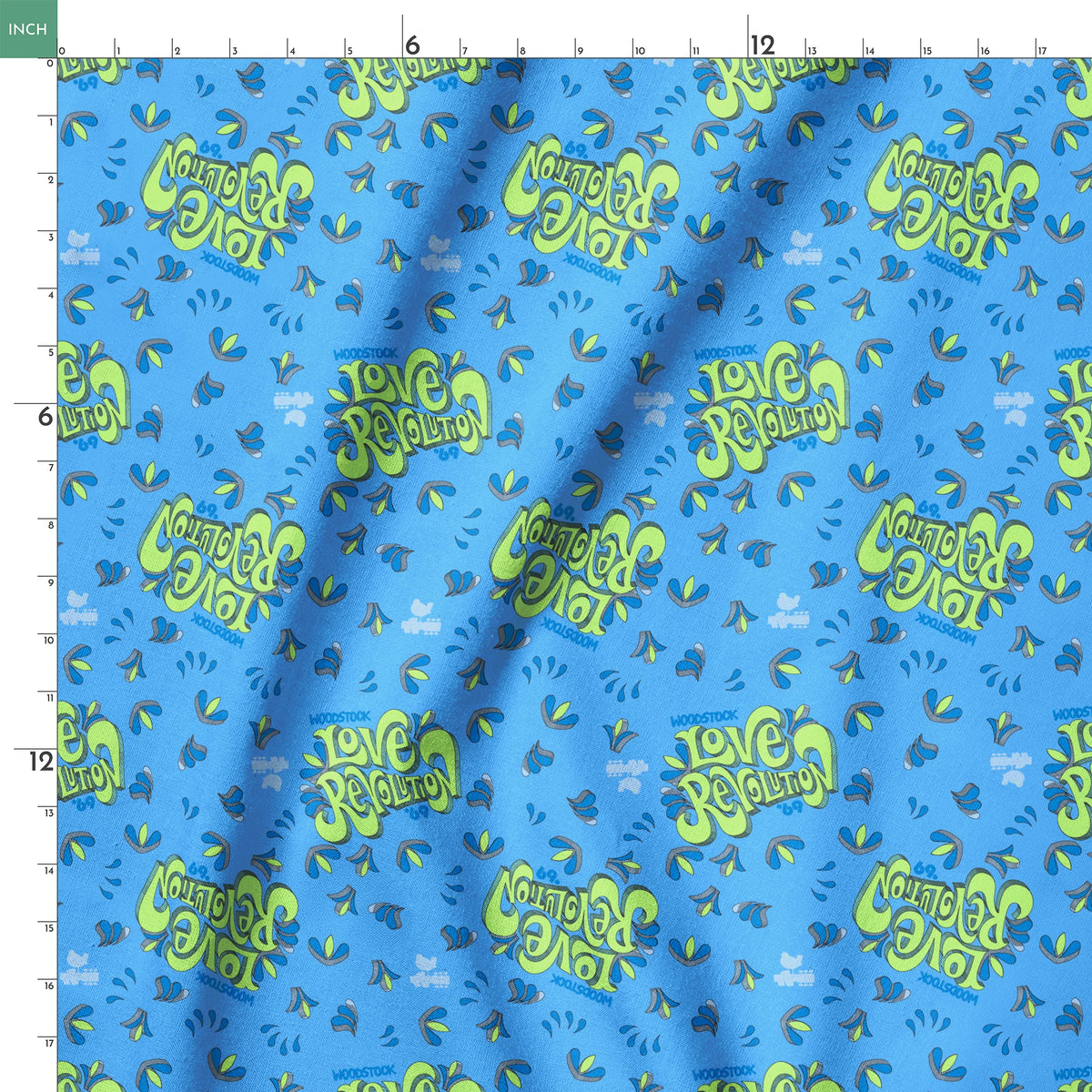 Woodstock Love Revolution on Blue Fabric