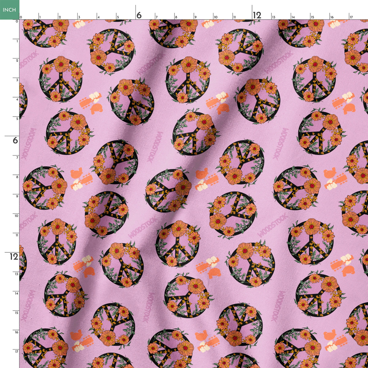 Woodstock Floral Peace Signs on Lavender Fabric