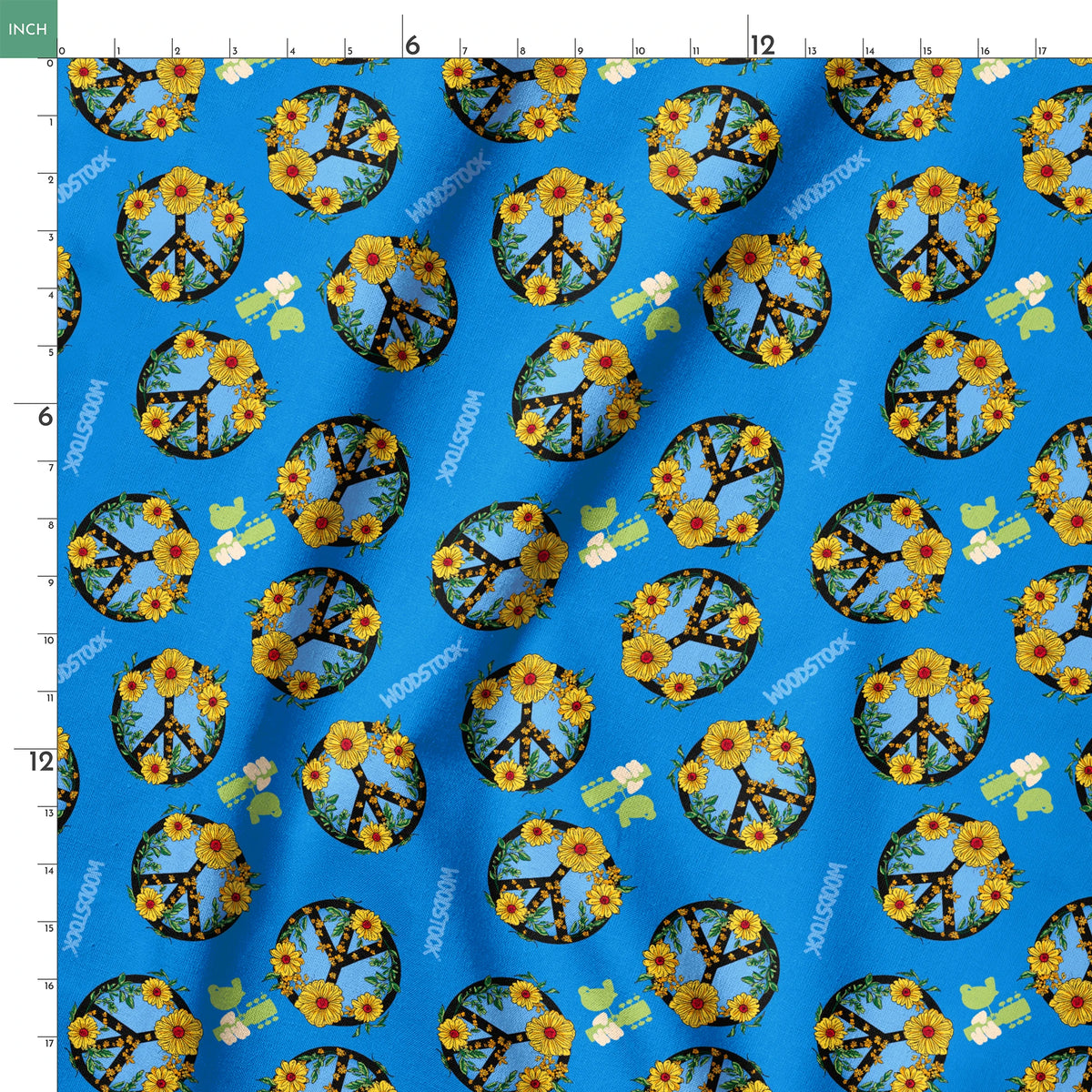 Woodstock Floral Peace Signs on Blue Fabric