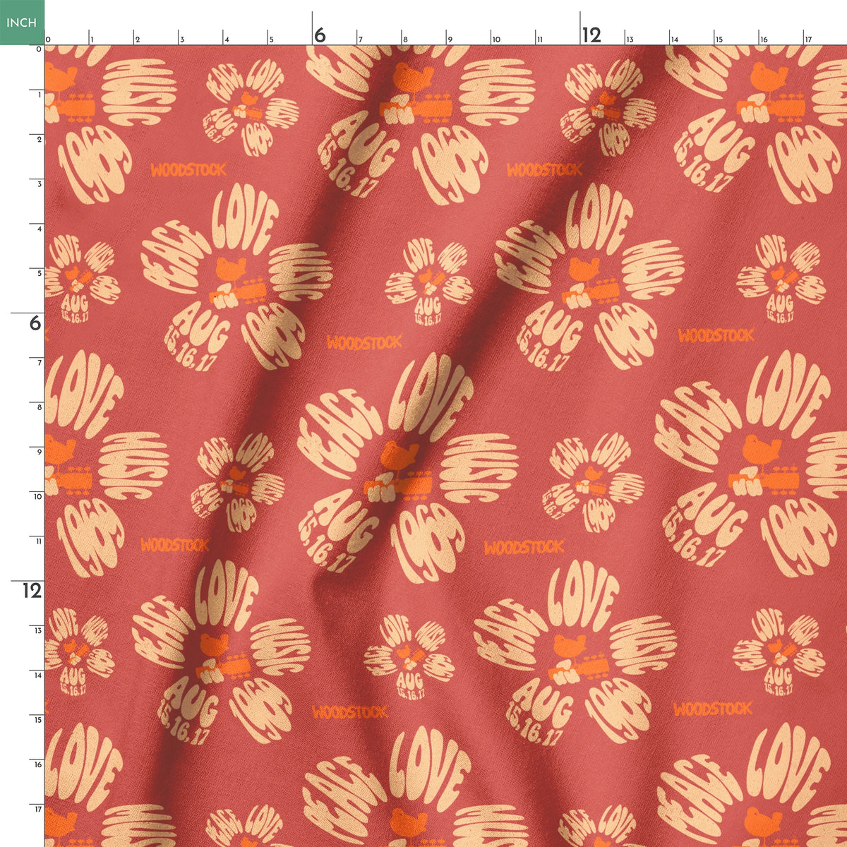 Woodstock Peace, Love, Music Florals on Rust Fabric