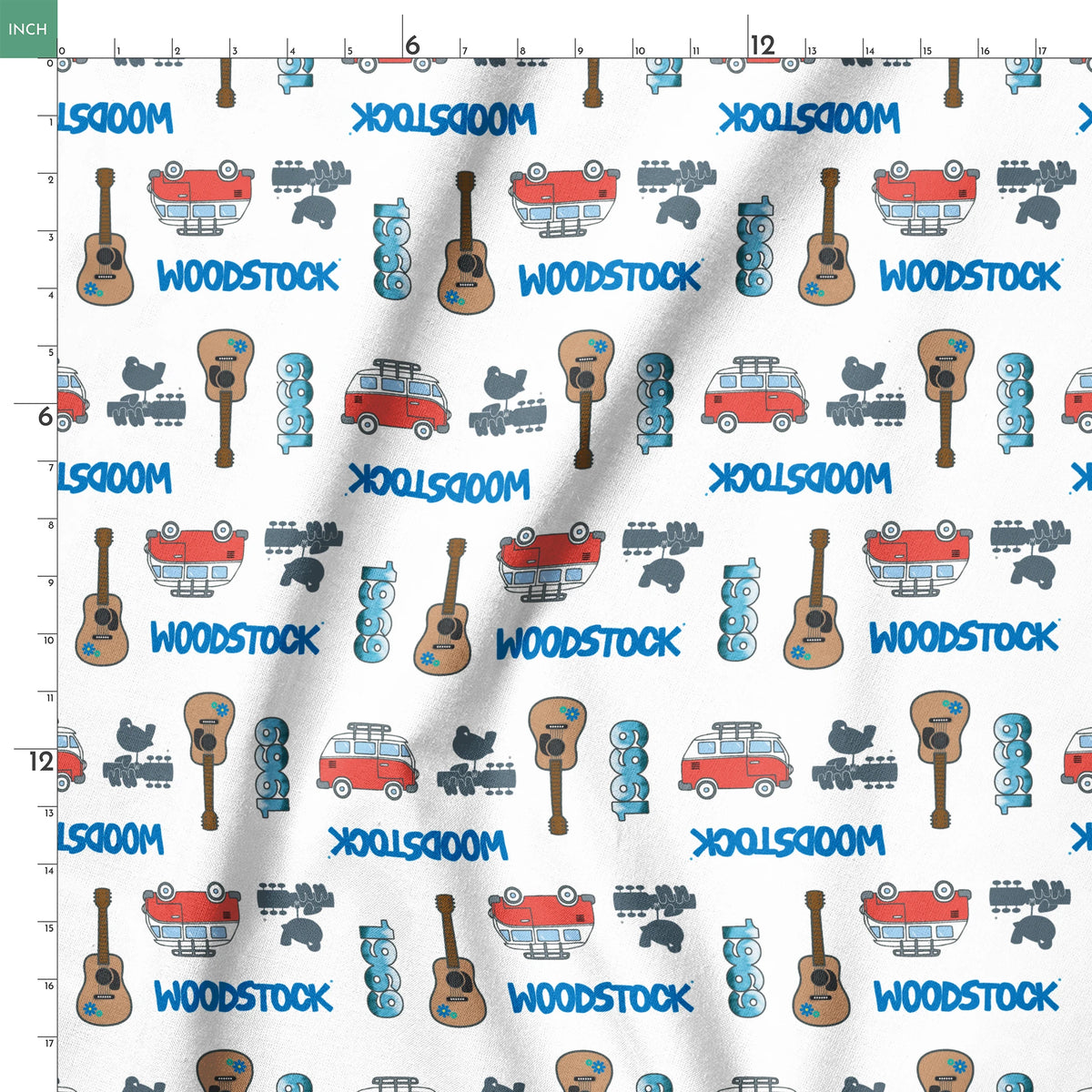 Woodstock Guitars and Vans on White Fabric
