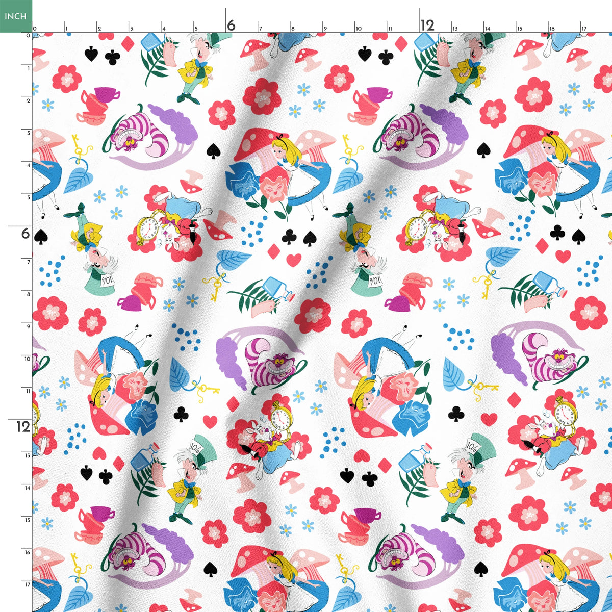 Disney Alice in Wonderland  Wandering in Wonderland on White Fabric