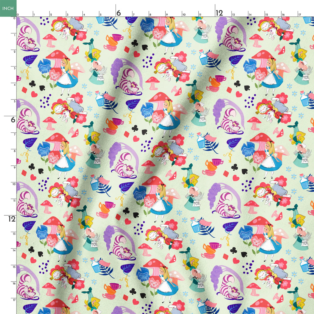Disney Alice in Wonderland  Wandering in Wonderland on Green Fabric