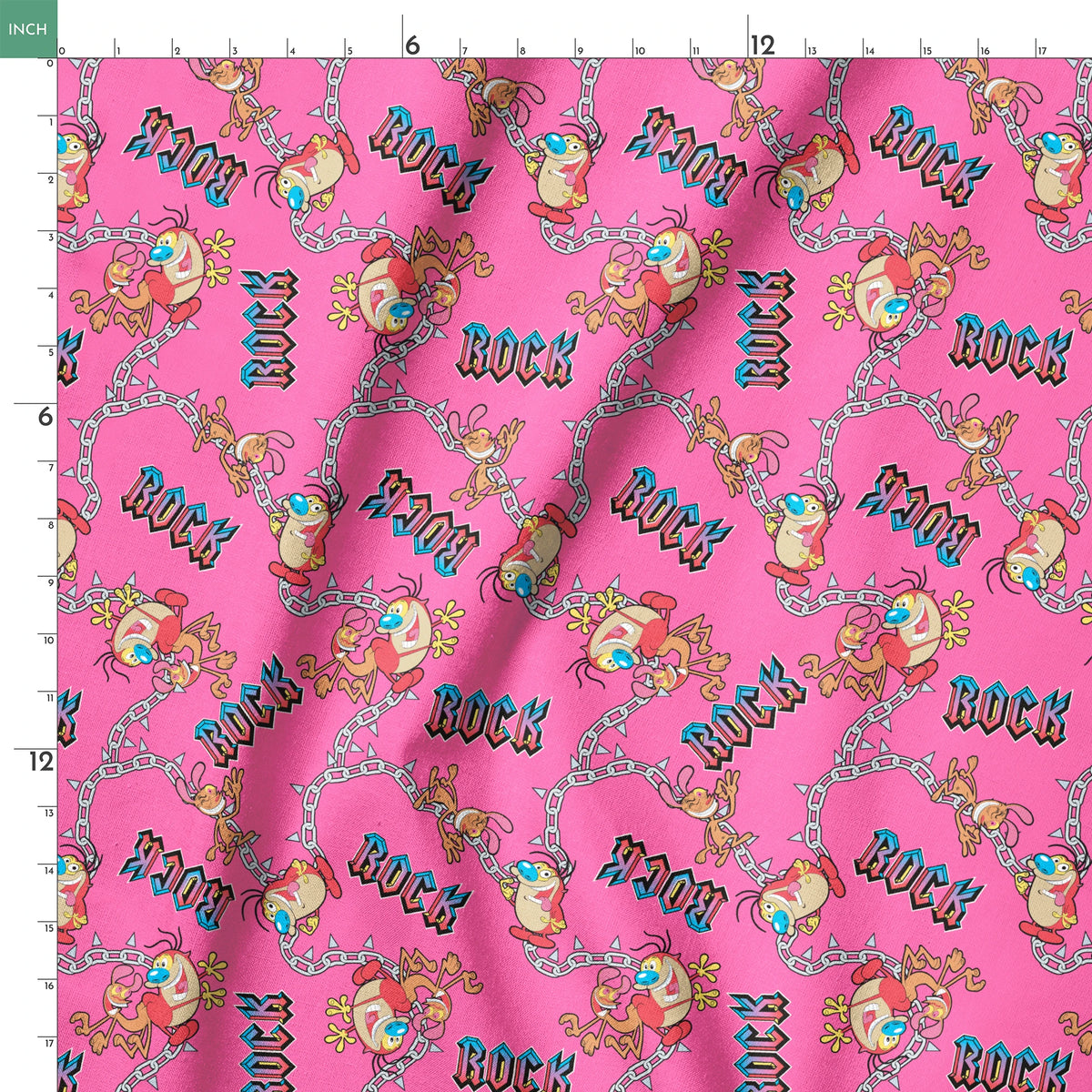 Ren & Stimpy Chained to Rock on Pink Fabric