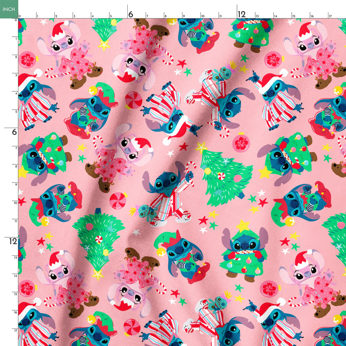 Disney's Stitch in Christmas outfits with trees and decorations on pink background