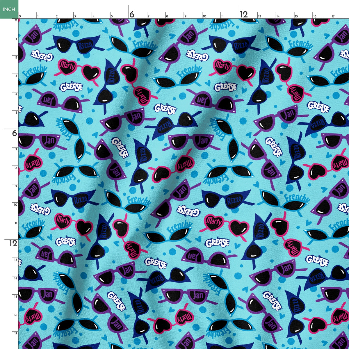 Paramount Grease  Pink Ladies Shades on Blue Fabric