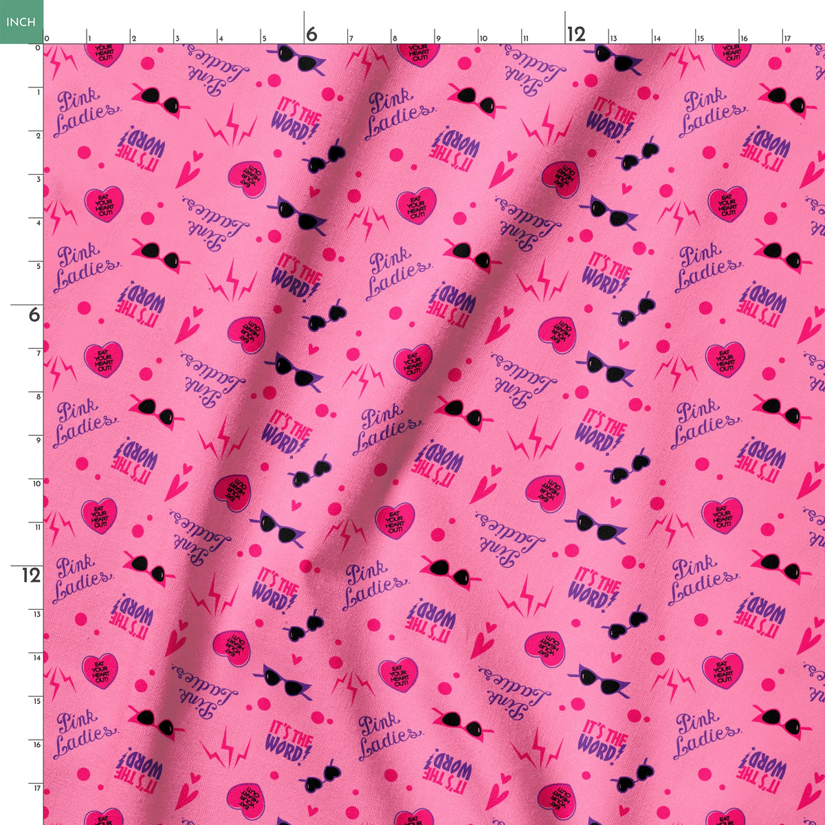 Paramount Grease  Retro Pink Ladies Icons on Pink Fabric
