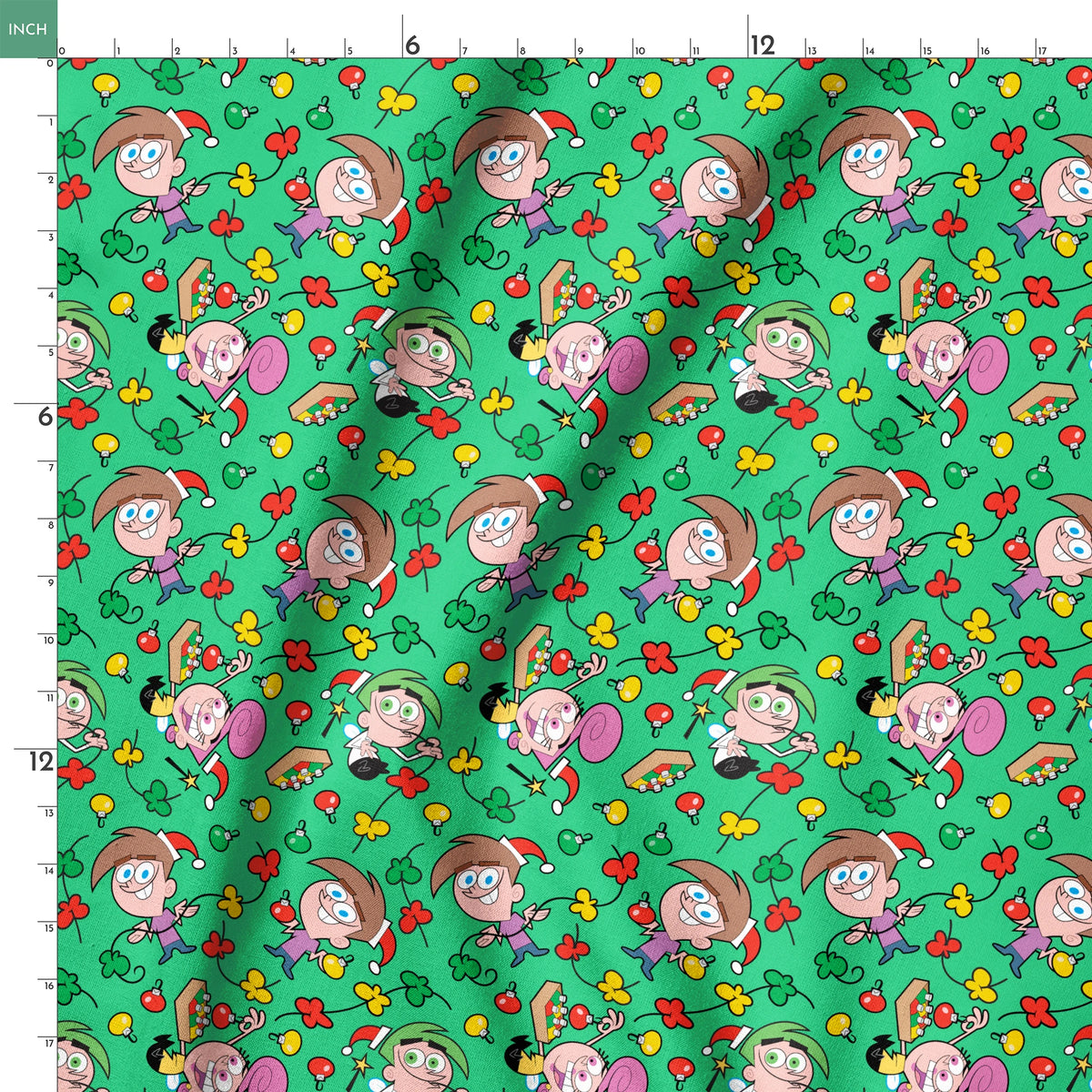 Paramount Fairly OddParents Tree Trimmings on Green Fabric