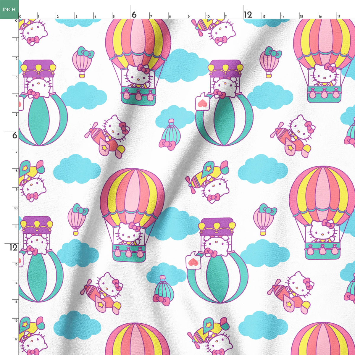 Hello Kitty® Hot Air Balloons on White Fabric