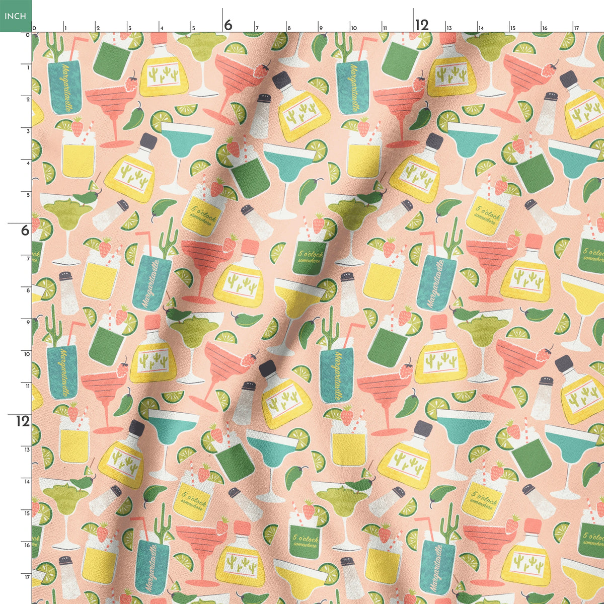 Colorful Margaritaville cocktail pattern with margaritas, tequila bottles, lime slices, and salt shakers on pink background
