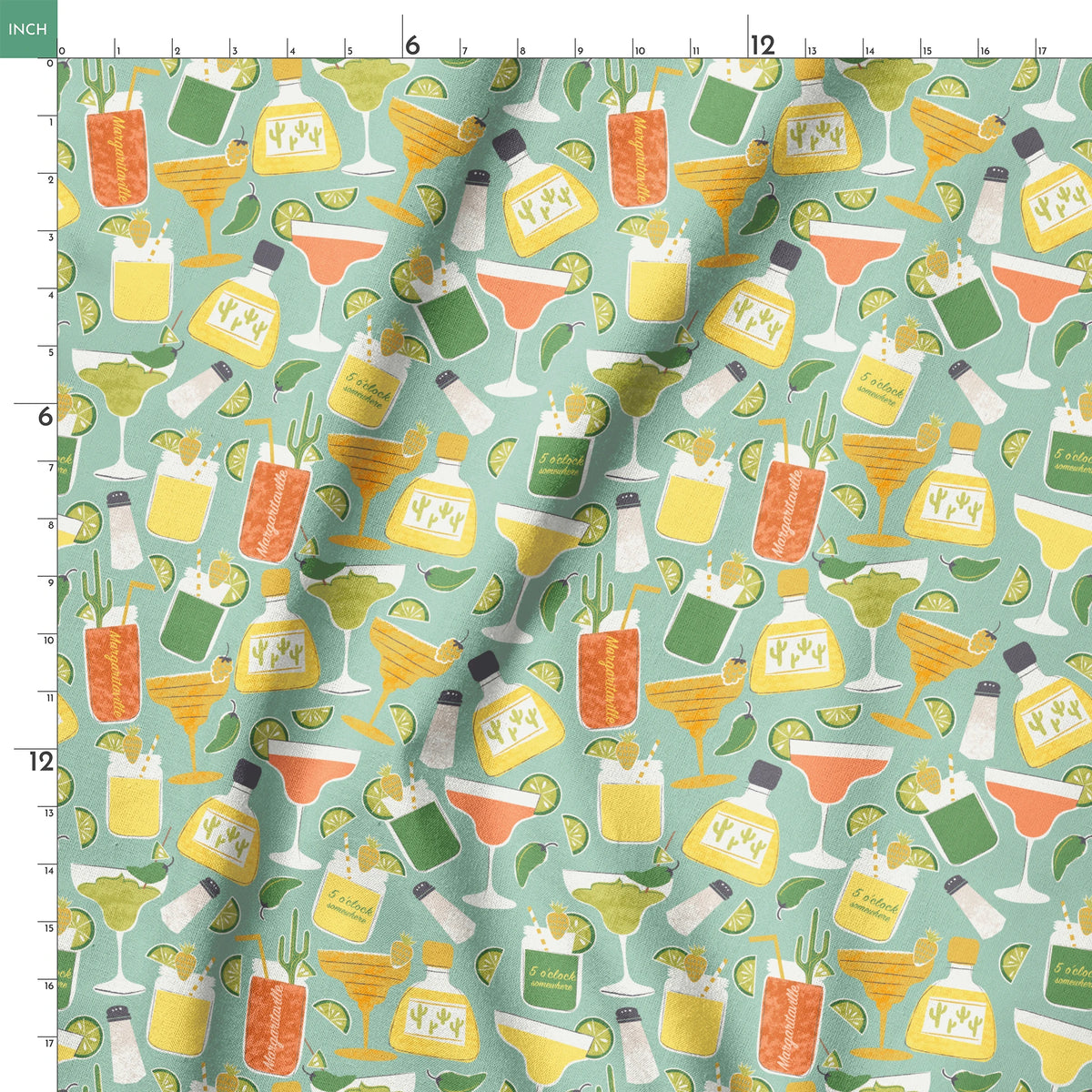 Colorful Margaritaville cocktail pattern with drinks, bottles, glasses, and lime slices on teal background