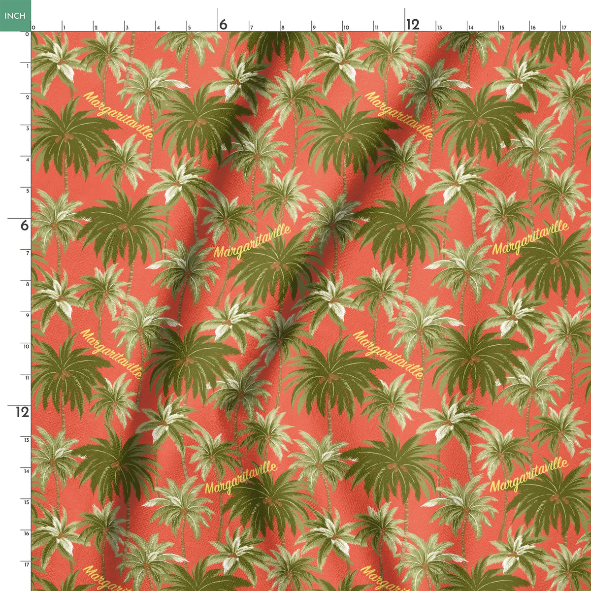 Tropical palm tree pattern on coral background with "Margaritaville" text in gold lettering