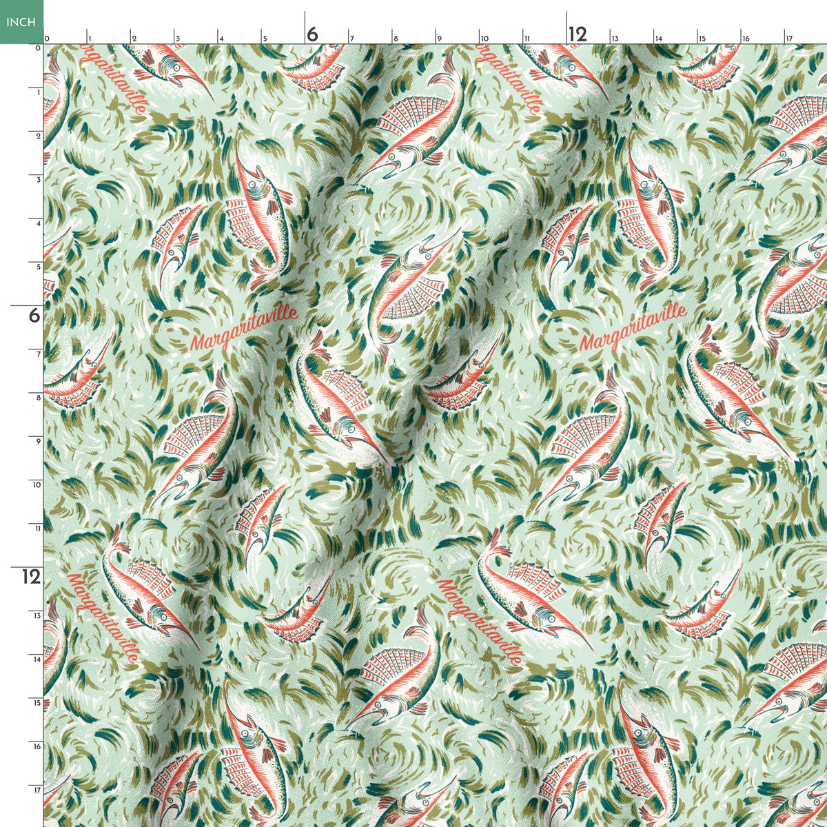 Ornate abstract tropical fish pattern with swirling leaves in vintage Florida style