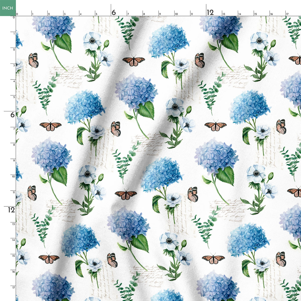 Danielle Murray Blue Florals and Butterflies on White Fabric