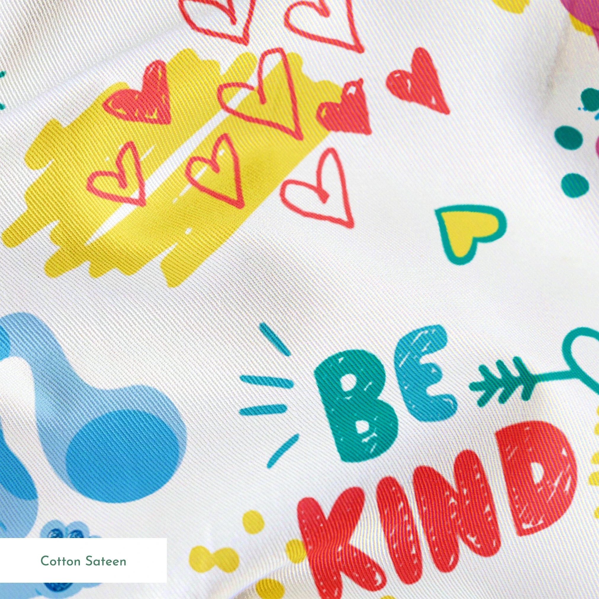 Colorful cartoon pattern with blue koalas and purple mice, hearts, and "BE KIND" text on white background springs sateen texture