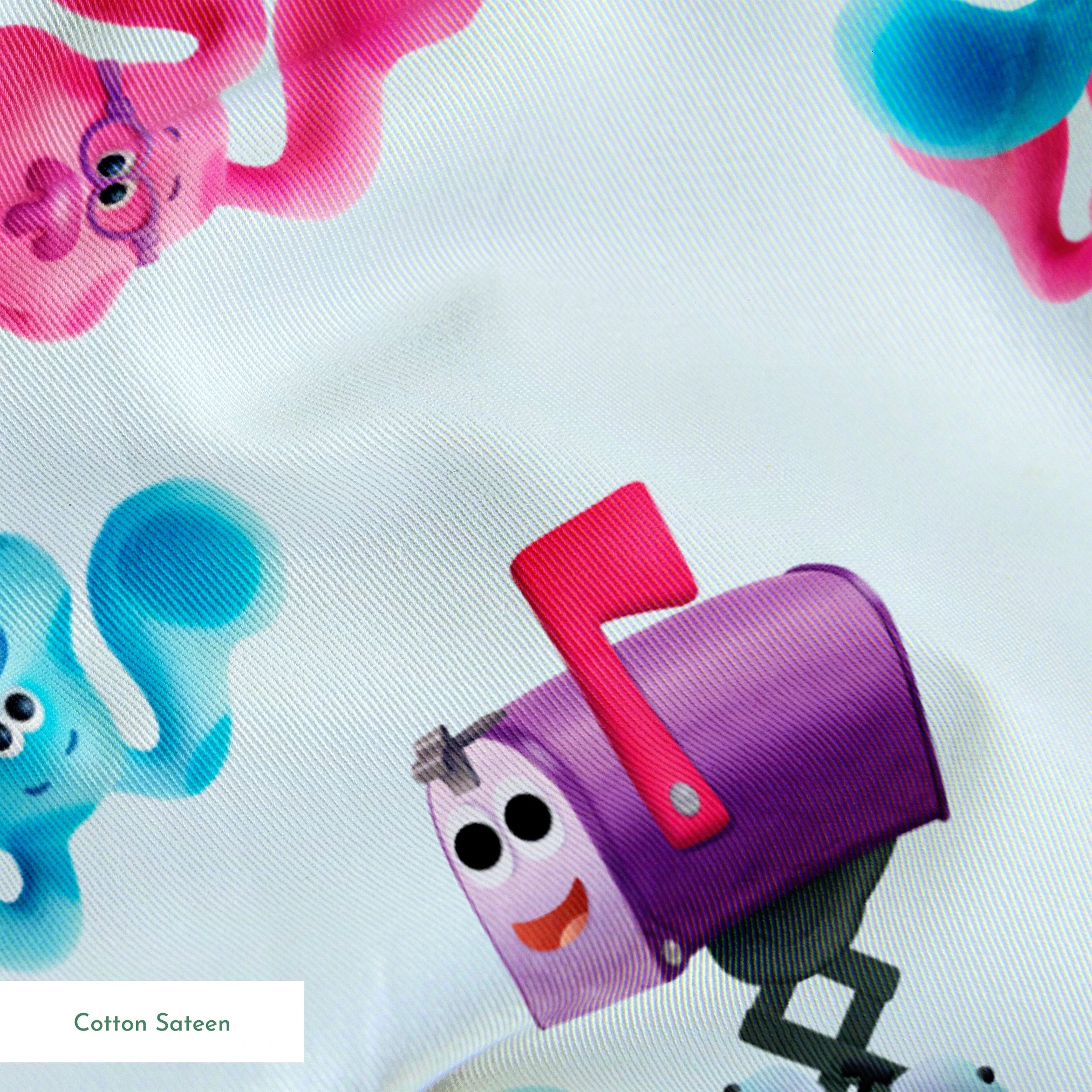 Colorful pattern featuring cartoon blue and pink puppy characters with armchairs, mailboxes, and clocks springs sateen texture