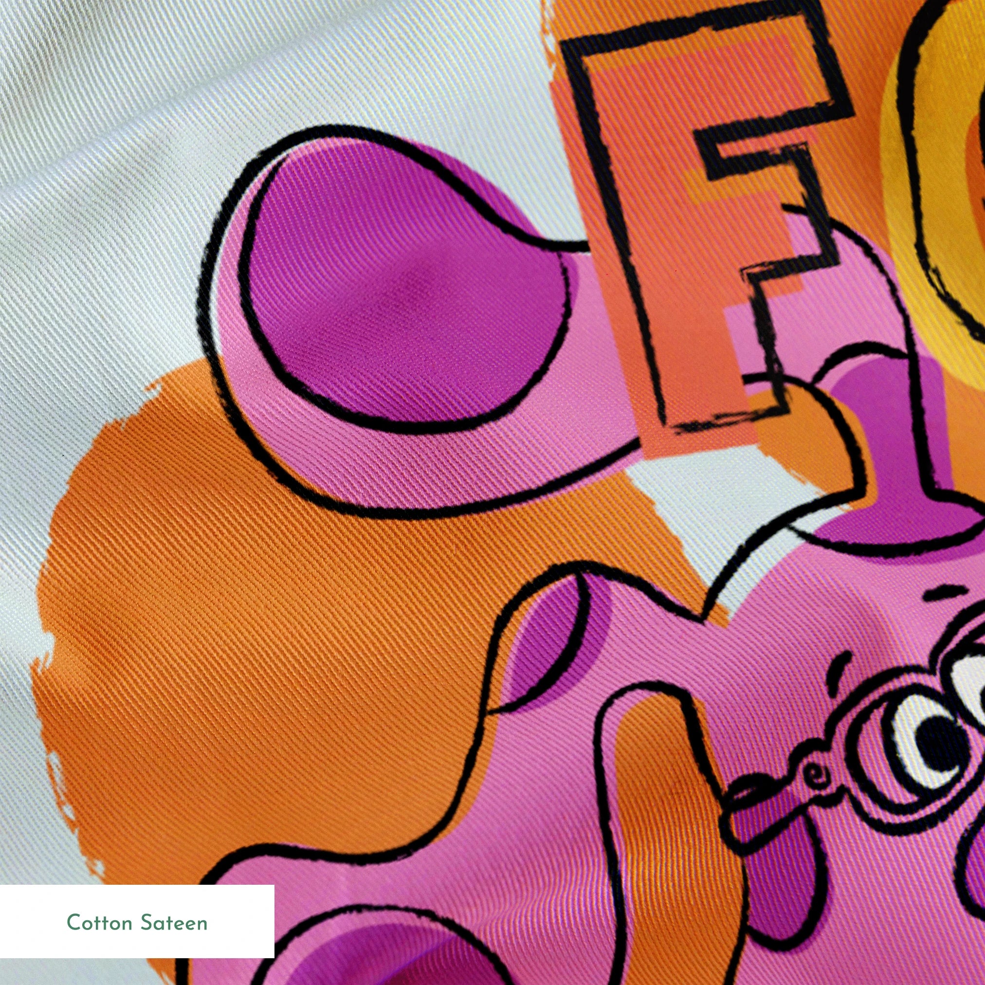 Colorful cartoon pattern with blue and pink characters, "FOREVER FRIENDS" text, and small playful icons on a light background springs sateen texture