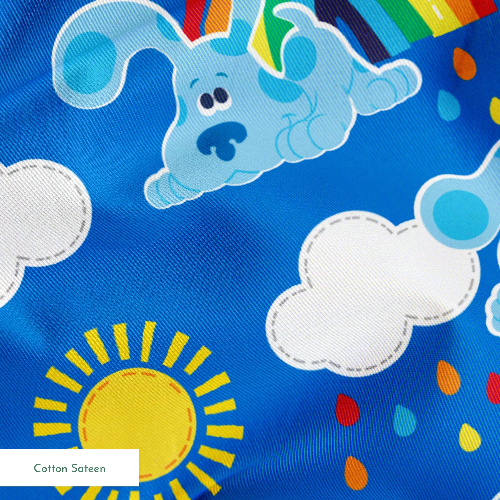 Blue's Clues pattern with cartoon blue dogs, rainbows, suns, clouds, and kites on bright blue background, license, Blues Clues, Entertainment License, Nickolodeon springs sateen texture