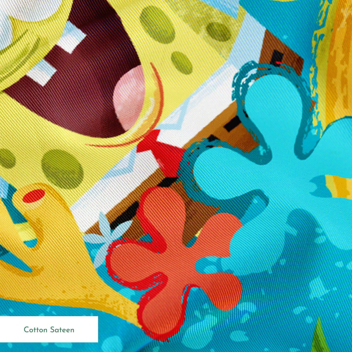 SpongeBob SquarePants pattern with pineapples and flowers on teal background springs sateen texture