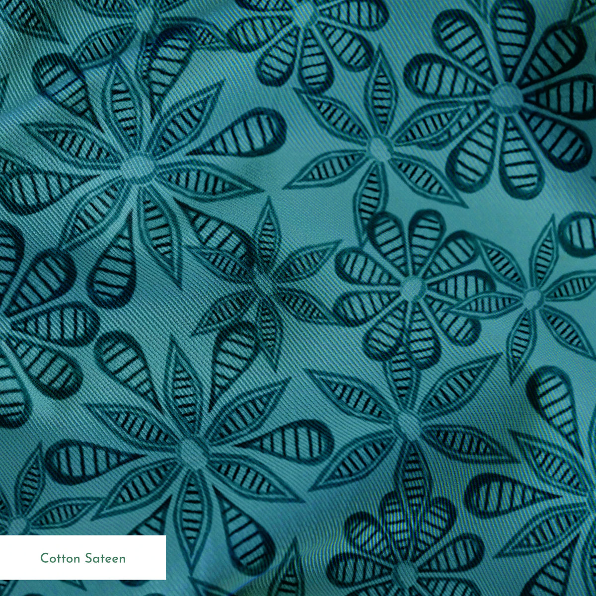 Outlined floral pattern in dark teal on a lighter teal background by Nicole Tamarin. springs sateen texture