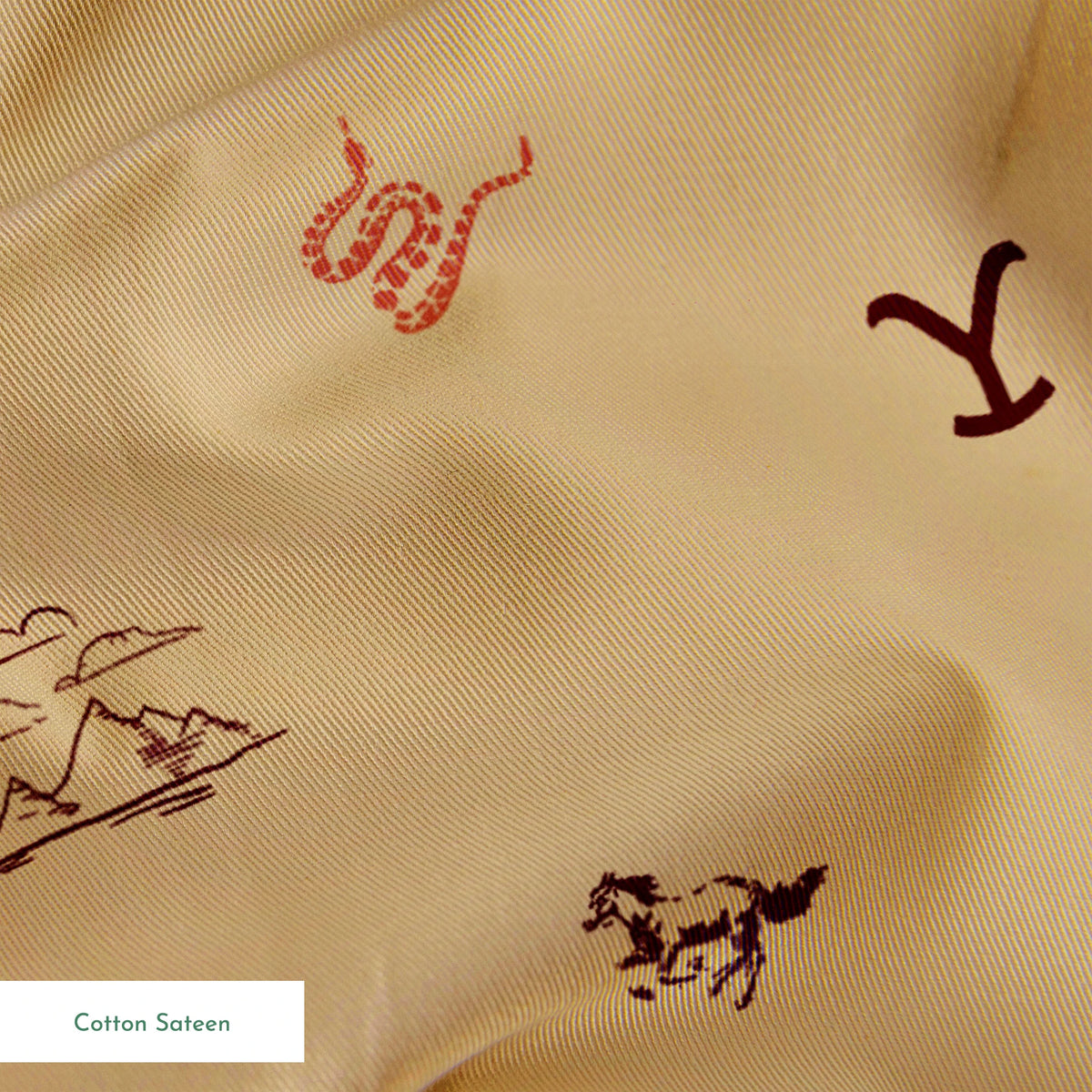 Yellowstone ranch icons with “Y” brand, bison, horses, mountains, and snakes in a Western-inspired design. springs sateen texture