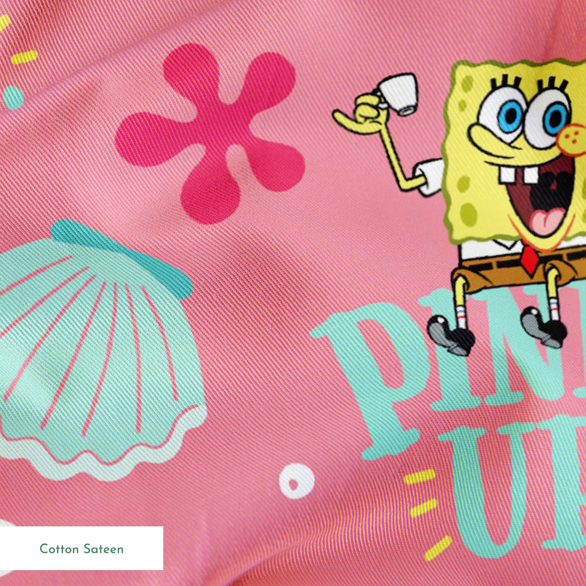 SpongeBob holding a teacup with “Pinky Up!” text, surrounded by sea shells, coral, and flower shapes on a pink background. springs sateen texture